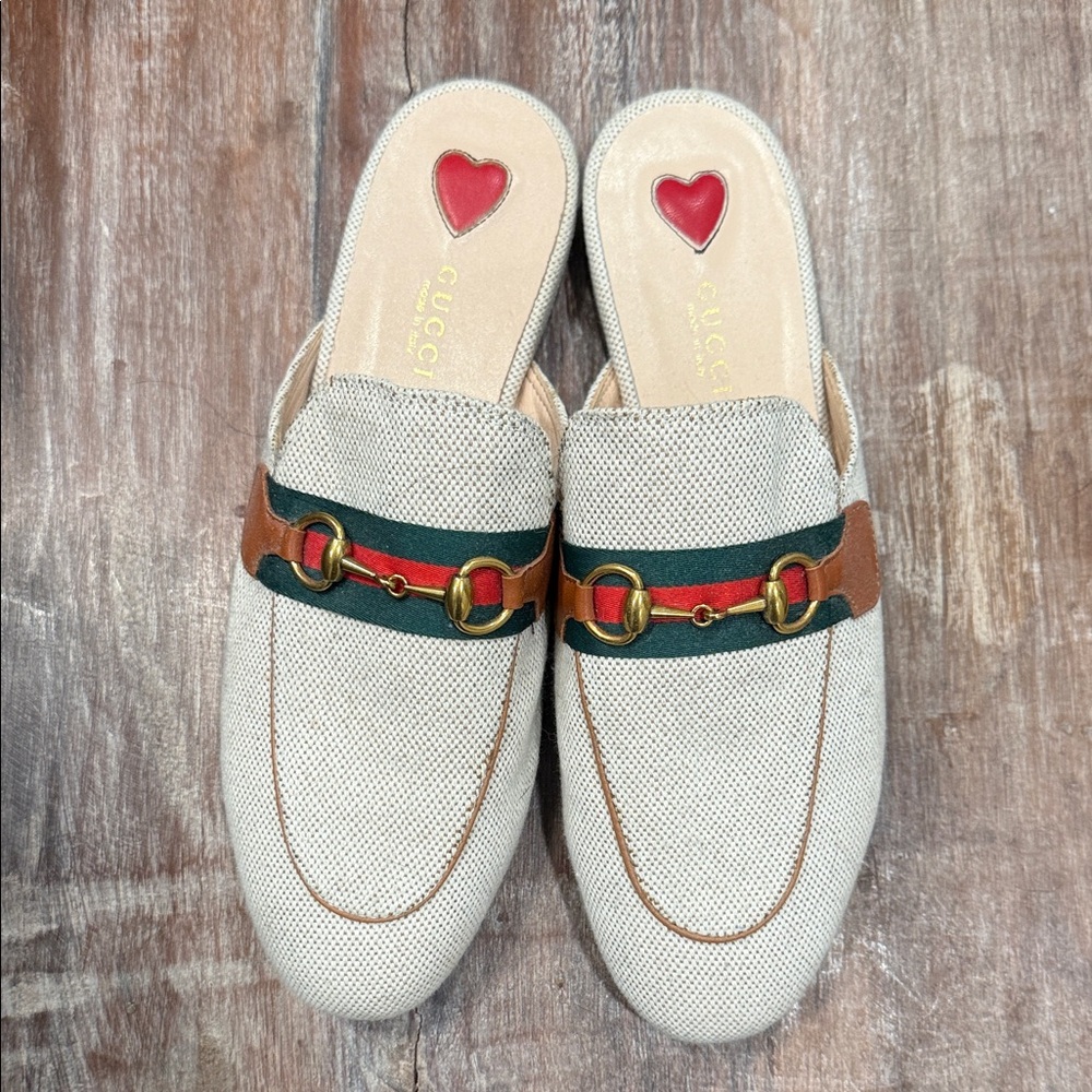Women's Beige Mules with Green and Red Stripes